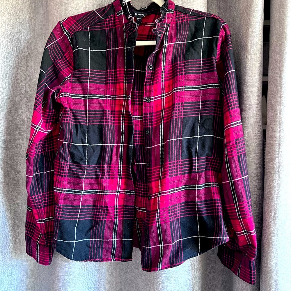 Red fleece button down with adorable flutter collar.